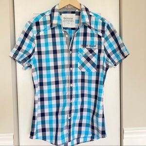 Guess Jeans Short Sleeve Blue Plaid Buttonup Shirt